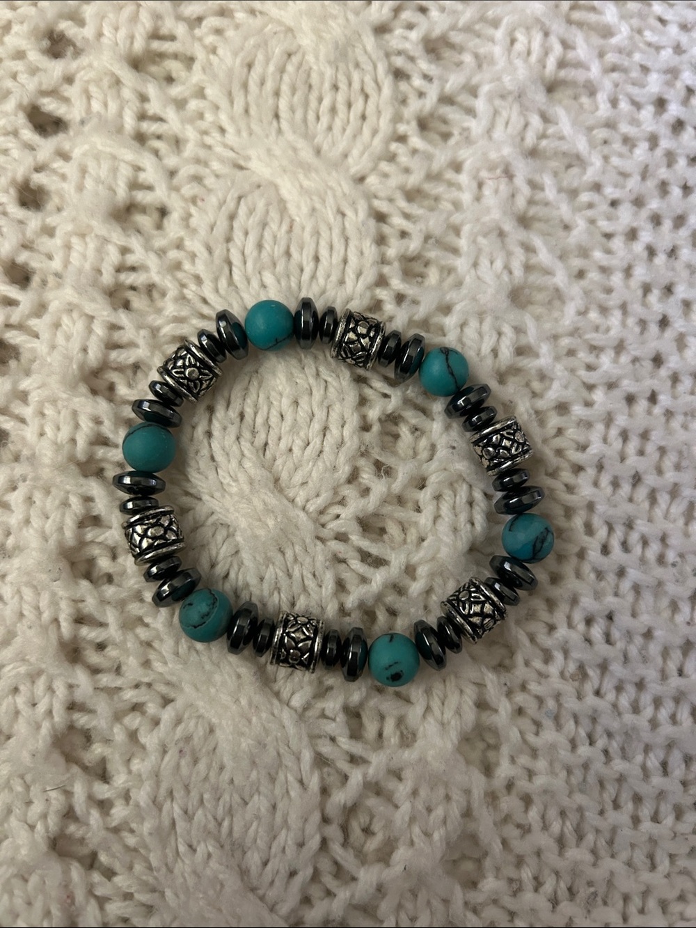 Turquoise Bead and Hematite Silver Accent Stretch Bracelet